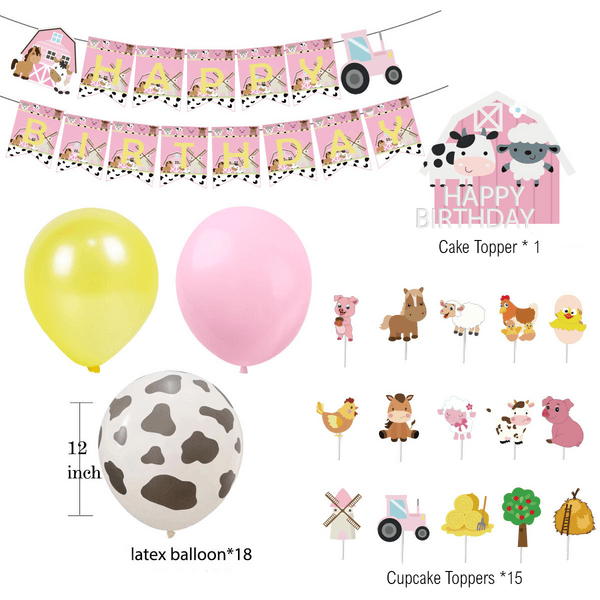Farm Party Decoration Set, Birthday Party Decoration Set – Farm Theme – Pink