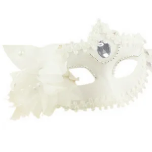 Masquerade Mask - Side Feather and Flower - White