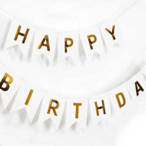 Happy Birthday Bunting with Gold Writing - White