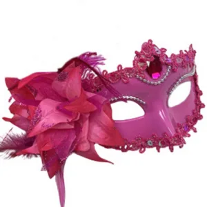 Masquerade Mask - Side Feather and Flower - Dark Pink