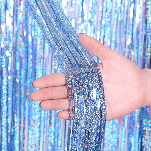 Plastic Birthday Party Table and Photography Backdrop - Light Blue - Set of 2, Foil Backdrop – Shimmer (Light Blue) – Set of 2
