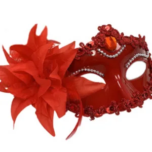 Masquerade Mask - Side Feather and Flower - Red