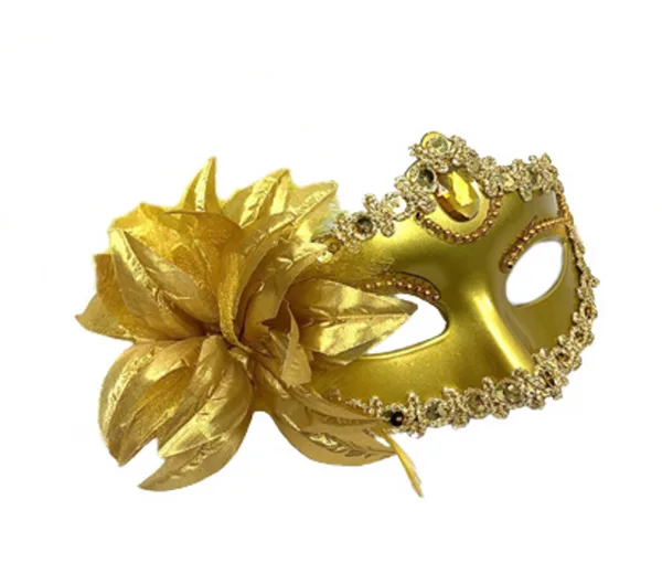Masquerade Mask - Side Feather and Flower - Gold - Party Palace