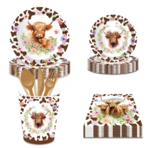 Party Paper Tableware / Cutlery Set - Highland Cow Theme (Set of 8)