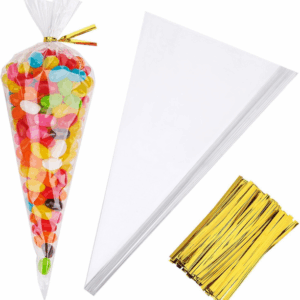 Transparent Cone Sweets Packet with Twist Tie - 25 cm (50 Packets)