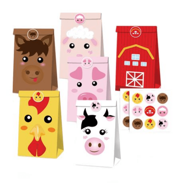 Party Favor Bags with Stickers - Farm Animal Faces Theme, Party Favor Bags with Stickers – Farm Animal Faces Theme (12 Bags)