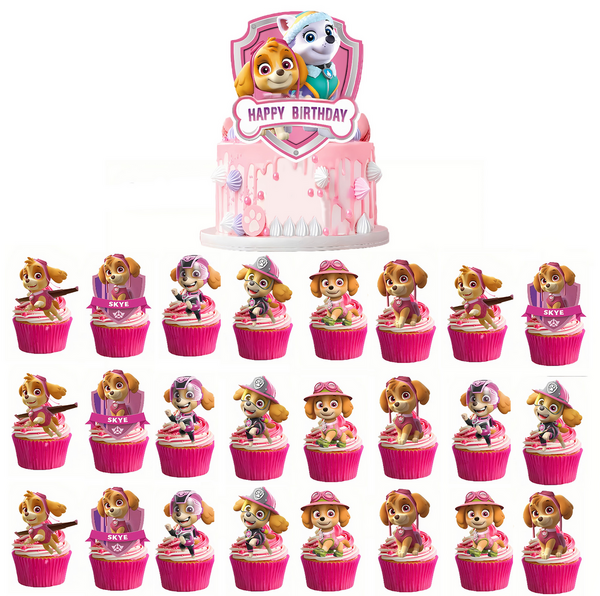 Paw Patrol Themed Cake and Cupcake Topper Set, Paw Patrol Themed Cake and Cupcake Topper Set – Pink (Set of 25)