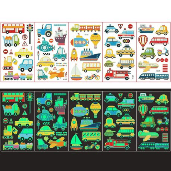 Kids Glow in the Dark Temporary Tattoos - Vehicle Theme (5 Sheets), Kids Glow in the Dark Temporary Tattoos – Vehicle Theme (5 Sheets)