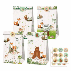 Party Favor Bags with Stickers - Woodland Greenery Animal Theme (12 Bags)