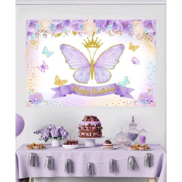 Kids Birthday Party Table & Photography Backdrop - Purple Butterfly, Kids Birthday Party Table & Photography Backdrop – Purple Butterfly