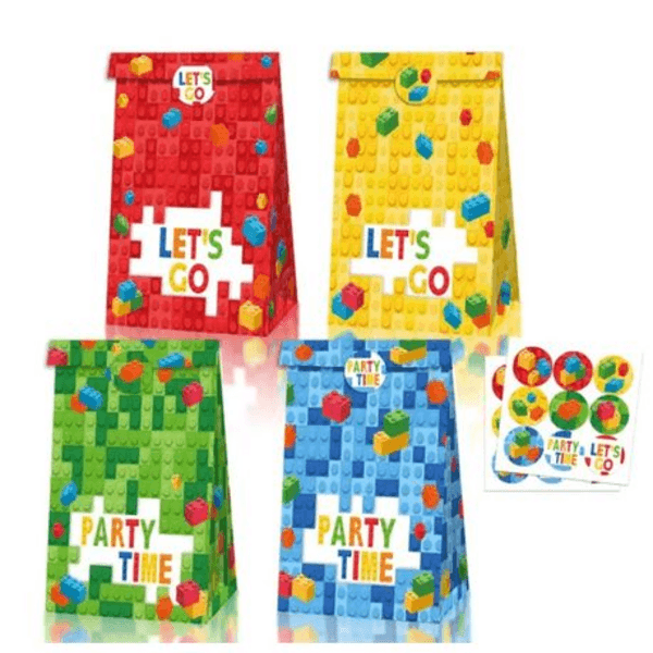 Party Favor Bags with Stickers - Lego Theme - 12 Bags, Party Favor Bags with Stickers – Lego Theme – 12 Bags