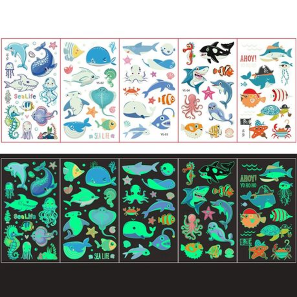 Kids Glow in the Dark Temporary Tattoos - Ocean Animals Theme (5 Sheets), Kids Glow in the Dark Temporary Tattoos – Ocean Animals Theme (5 Sheets)