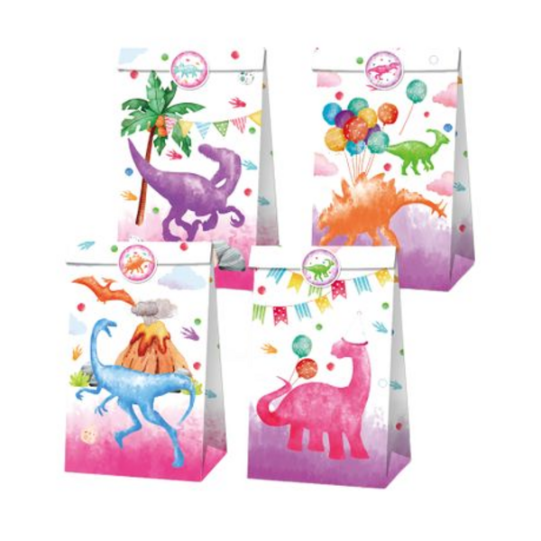 Party Favor Bags with Stickers - Girly Dinosaur Theme - 12 Bags, Party Favor Bags with Stickers – Girly Dinosaur Theme – 12 Bags