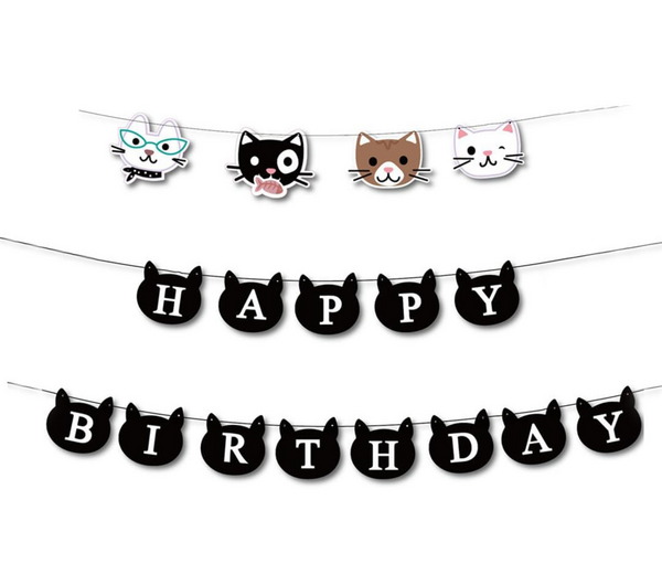 Cat Themed Happy Birthday Banner, Cat Themed Happy Birthday Banner – Black