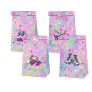 Party Favor Bags with Stickers - Retro Rollerblades Disco Theme - 12 Bags