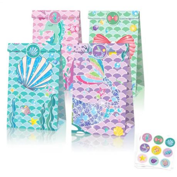 Party Favor Bags with Stickers - Multi-Colored Mermaid Theme, Party Favor Bags with Stickers – Multi-Colored Mermaid Theme -12 Bags