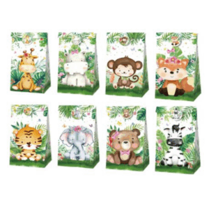 Party Favor Bags with Stickers - Greenery Wild Animals Theme - 12 Bags