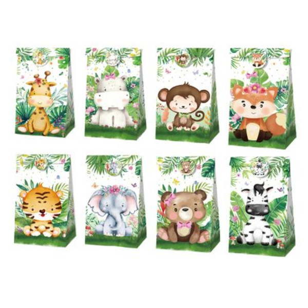 Party Favor Bags with Stickers - Greenery Wild Animals Theme, Party Favor Bags with Stickers – Greenery Wild Animals Theme – 12 Bags