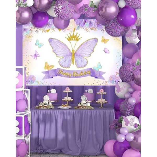 Kids Birthday Party Table & Photography Backdrop - Purple Butterfly, Kids Birthday Party Table & Photography Backdrop – Purple Butterfly