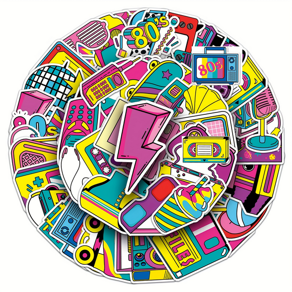 Waterproof Vinyl Stickers - Retro 80's Theme (50 Stickers)
