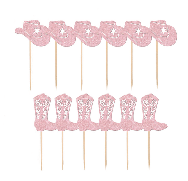 Cowgirl Themed Glitter Cupcake Toppers (12 Toppers)