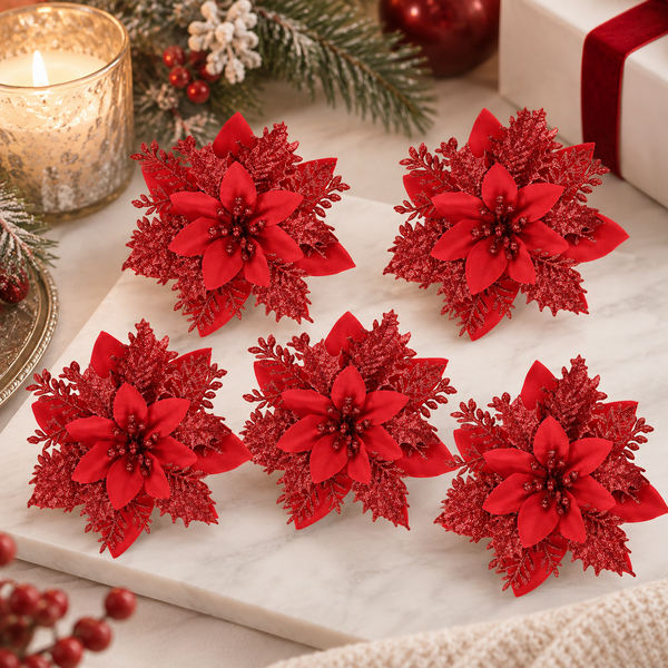 Red Christmas Tree Flower Décor - 13cm (Set of 5) - Image 2