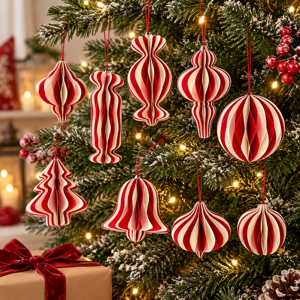 Red and White Paper Honeycomb Christmas Ornaments - Set of 9 - Image 2