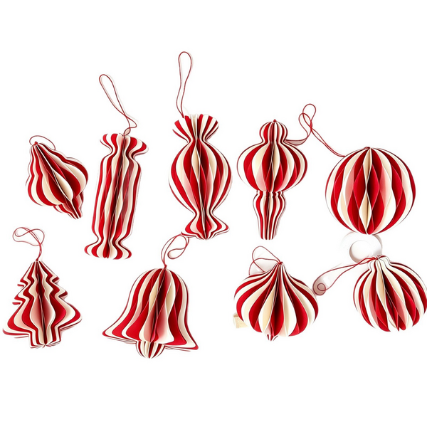 Red and White Paper Honeycomb Christmas Ornaments - Set of 9